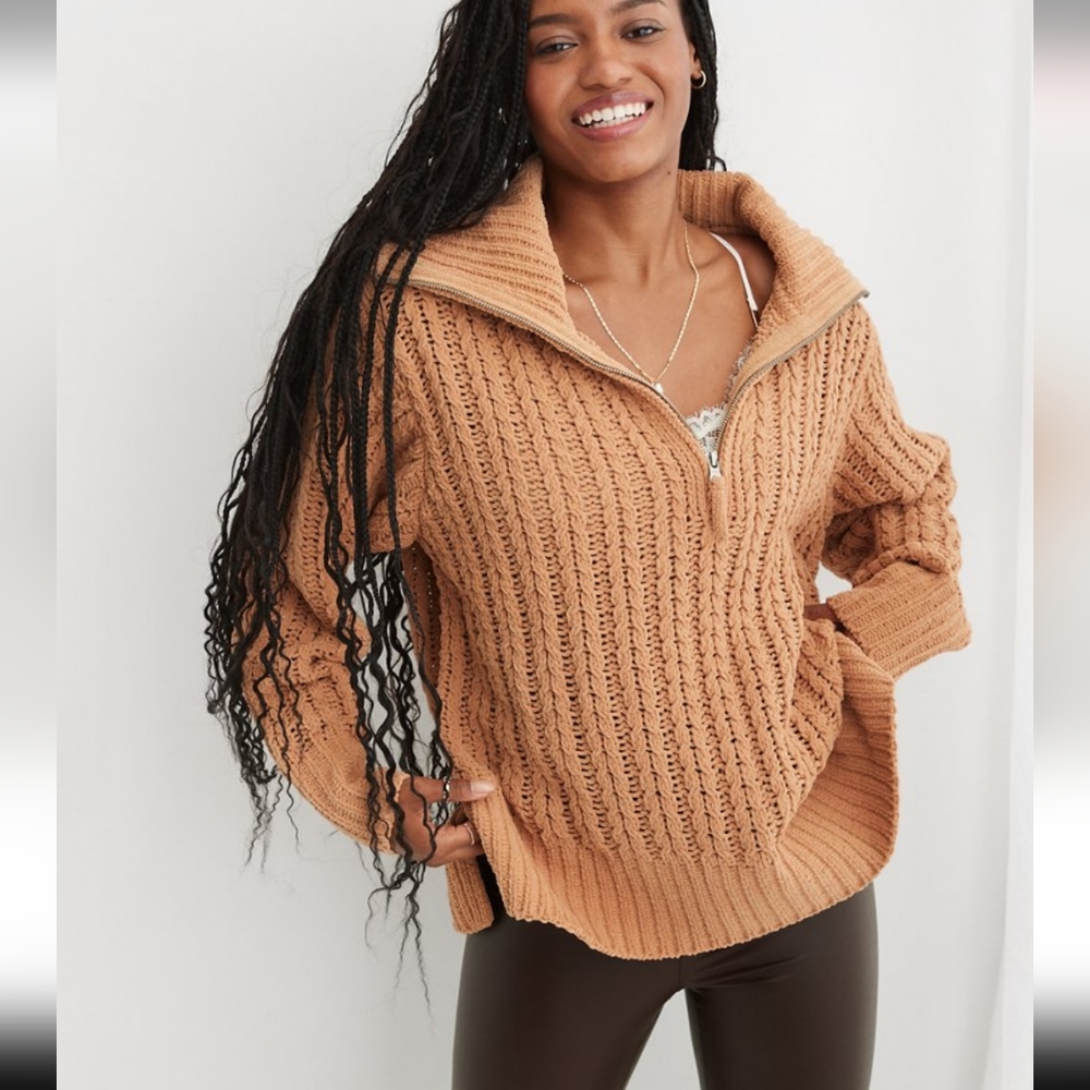 Aerie Cable Car Quarter Zip Oversized Sweater - Picture 2 of 7